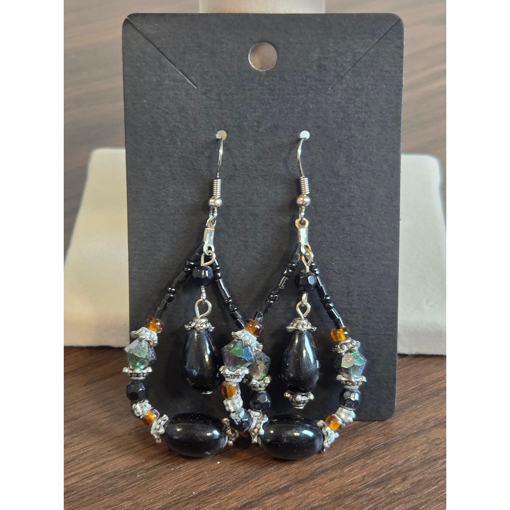 Bohemian Black Beaded Chandelier Drop Earrings Iridescent Crystal Silver Tone